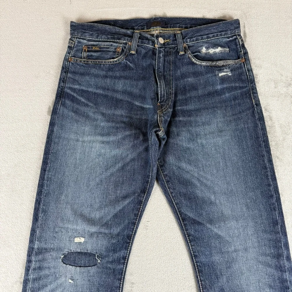 Polo Ralph Lauren Varrick Slim Straight Jeans Mens 32x30 Blue Distressed New NWT